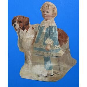 Victorian Color Paper Scrap Girl With St. Bernard Dog